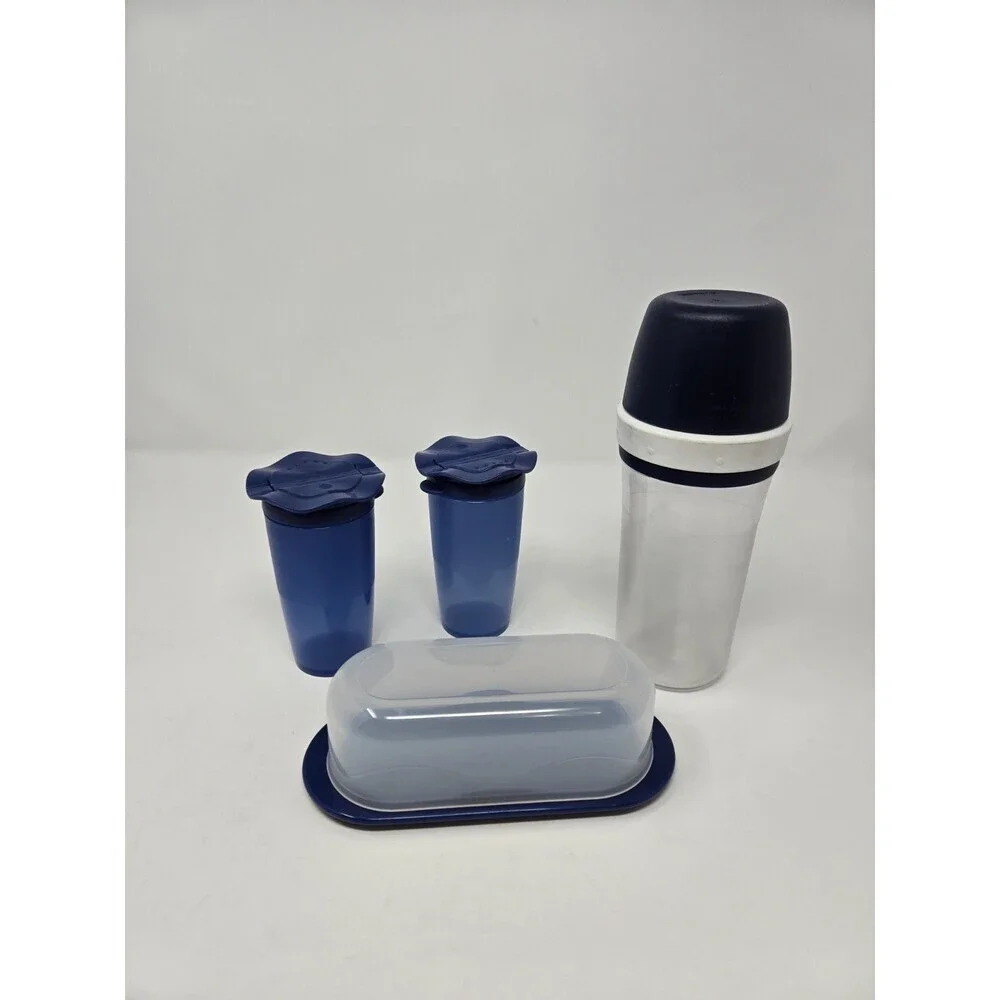 VINTAGE TUPPERWARE KITCHEN SALT & PEPPER BUTTER DISH CHEESE SUGAR SHAKER BLUE